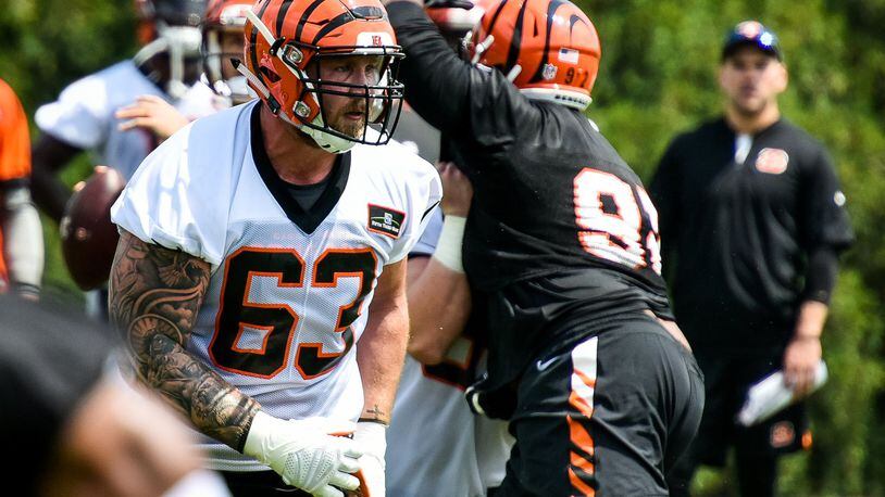 Bengals’ guard Christian Westerman (63) runs through a play during organized team activities Tuesday, May 22, 2018, at the practice facility near Paul Brown Stadium in Cincinnati. NICK GRAHAM/STAFF