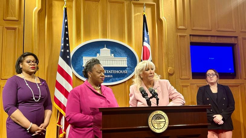 Ohio state Reps. Sara Carruthers, R-Hamilton, and Juanita Brent, D-Cleveland, answer questions about Aisha's Law, which is being introduced for the third time.