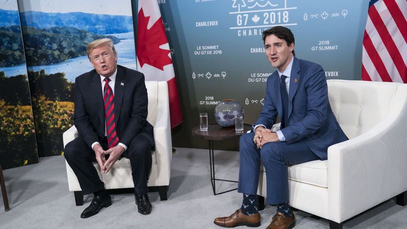 President Donald Trump and Prime Minister Justin Trudeau of Canada at the Group of 7 meeting in Charlevoix, Quebec, June 9, 2018. Trump has ridiculed tariffs that other countries impose on American goods, but to many of America’s trading partners, the president’s criticisms ring hollow given that the United States makes use of tariffs of its own on everything from trucks to peanuts to sugar to stilettos. (Doug Mills/The New York Times)