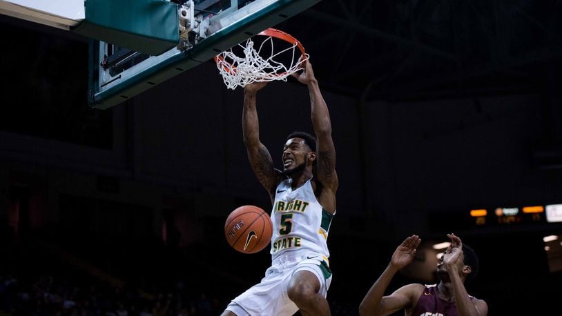 Wright State’s Skyelar Potter throws down a dunk during a season-opening win over Central State on Tuesday, Nov. 5, 2019. Joseph Craven/WRIGHT STATE ATHLETICS