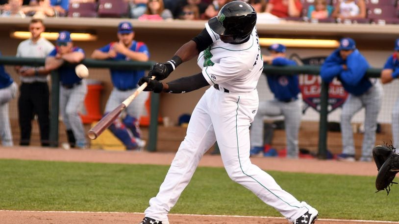 Dragons outfielder Taylor Trammell takes a cut during Tuesday’s game vs. South Bend at Fifth Third Field. Nick Falzerano/Contributed photo