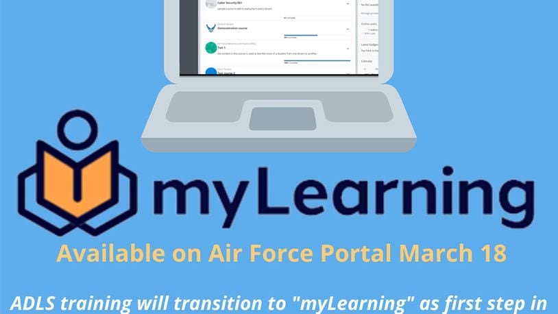 Airmen and Guardians can access the Air Education and Training Command’s “myLearning” digital platform on the Air Force Portal beginning March 18. Users are advised they should complete all training coursework in ADLS no later than March 10. The ADLS website will be inaccessible to users March 26. U.S. AIR FORCE GRAPHIC/DAN HAWKINS