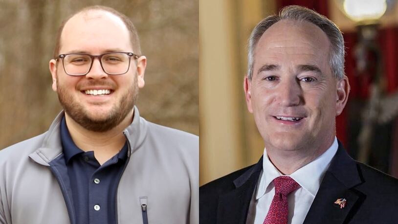 The candidates for Ohio Auditor of State in the November 2022 election are Taylor Sappington (left) and incumbent Keith Faber (right).