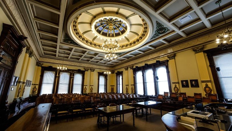 The grand courtroom on the third floor of the Miami County Courthouse is slated for renovation. JIM NOELKER/STAFF