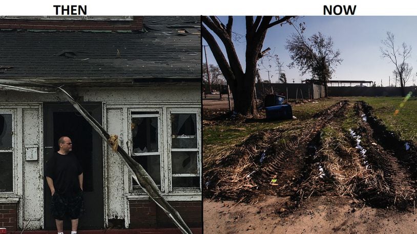 LEFT: Joe Guth, 45, raised his two children on the same block of Troy Street where he spent his own childhood. The home was damaged in the Memorial Day tornadoes. RIGHT: A recent photo of where Guth's home once stood. Photos by Laura Bischoff and Chris Stewart.