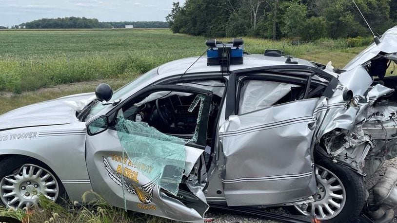 An Ohio State Highway Patrol trooper’s cruiser was hit as it sat along a roadside last month. CONTRIBUTED