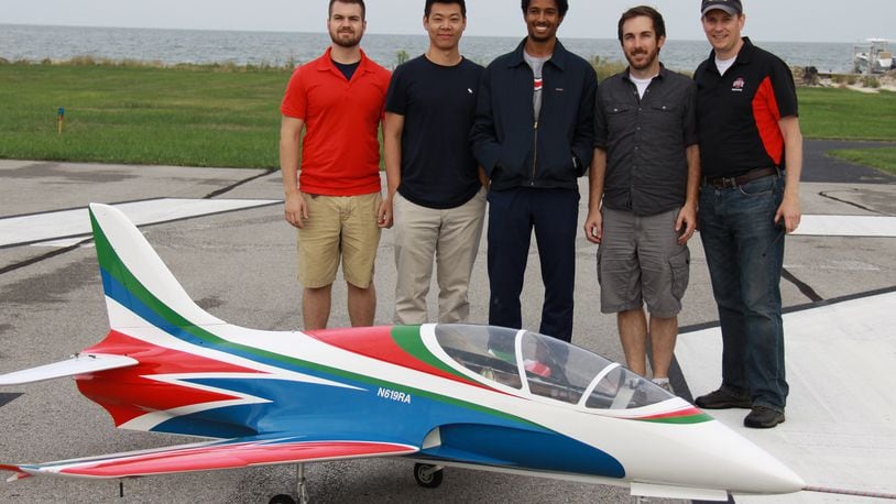 Ohio State engineering students and professors set a drone flight speed record on this week. Pictured from left to right are Mark Sutkowy, Wenbo Zhu, Ryan Thorpe and Matt McCrink with professor Jim Gregory.