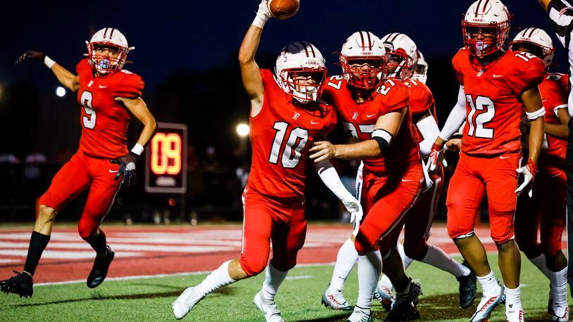 Fairfield's Braeden Shanklin celebrates after he recovers a fumbled kick off during their season opener football game against Wayne Thursday, Aug. 18, 2022 at Fairfield Stadium. Fairfield won 41-24. NICK GRAHAM/STAFF