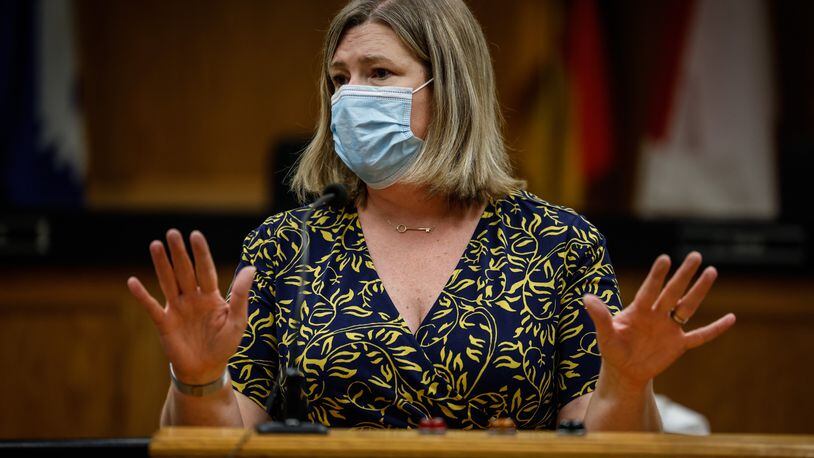 Dayton Mayor Nan Whaley talks about mask mandates for city employees with a possible vaccine mandate for city employees. Jim Noelker/Staff