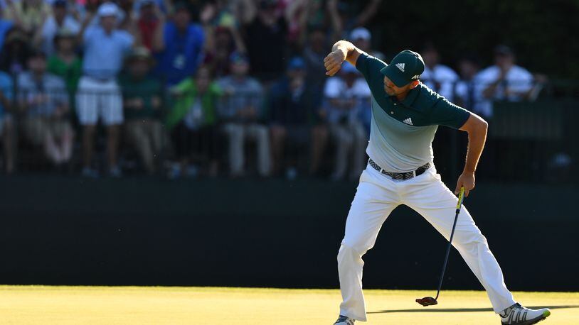 Sergio Garcia reacts to an eagle on the 15th hole, putting him at 9-under. Play begins in the final round of the 81st Masters tournament at the Augusta National Golf Club, Sunday, April 9, 2017. BRANT SANDERLIN / SPECIAL