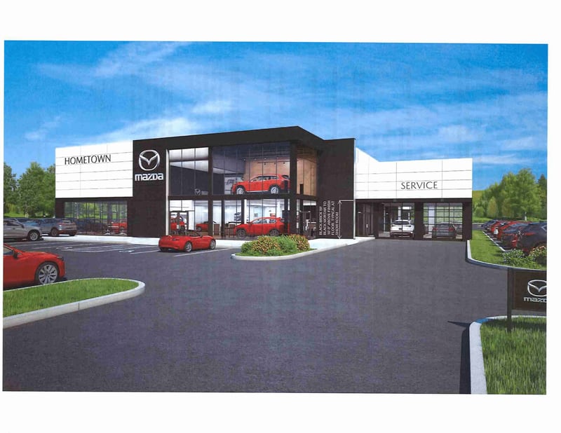 A digital illustration of a Mazda dealership planned to replace the former Danbarry Cinemas in Miami Twp. CONTRIBUTED
