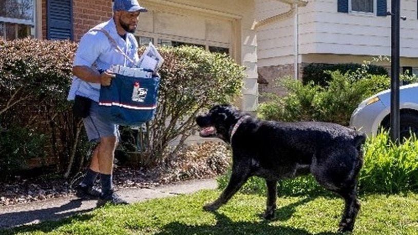 Letter carrier Hughues Pointe Jour in Gaithersburg, Maryland, takes a protective stance against an approaching dog.