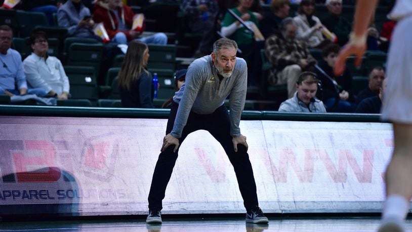 Scott Nagy looks on during a Wright State game vs. Milwaukee at the Nutter Center on Jan. 20, 2024. Nagy recently left Wright State for Southern Illinois. Joe Craven/Wright State Athletics