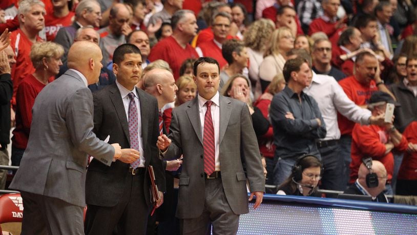 Dayton coach Archie Miller yells to his team during a game against VCU on March 5, 2016, at UD Arena. David Jablonski/Staff
