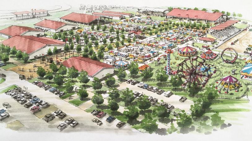 A conceptual drawing released in July for the new Montgomery County Fairgrounds site in Jefferson Twp. Plans call for three climate-controlled buildings for year-round events. In all, seven buildings and an office are planned during the first phase of development. SUBMITTED