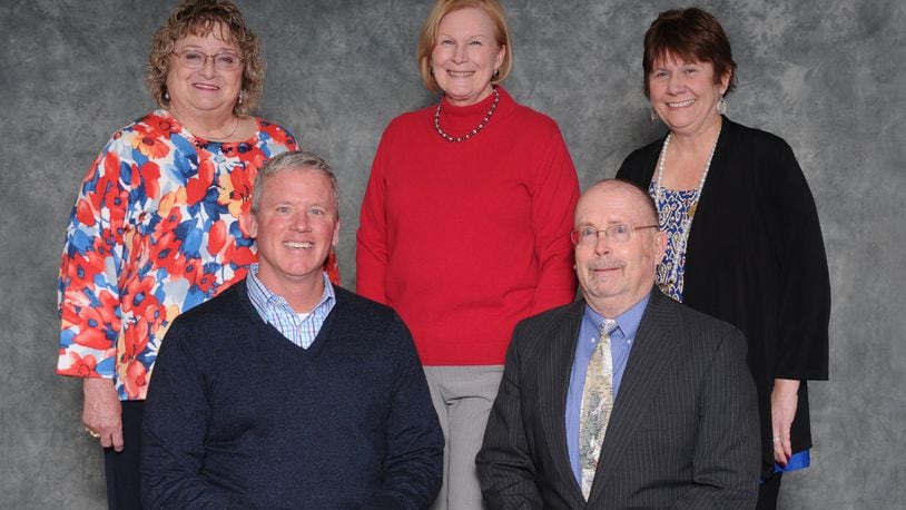 Bonnie Baker-Hicks, back row on the left, will not be seeking a 5th term on the Kings Local School Board of Education. Her nominating petitions were rejected. Shown are board members (front row) Kerry McKiernan and Robert Hinman and (back row) Bonnie Baker-Hicks, Peggy Phillips and Kim Grant. CONTRIBUTED