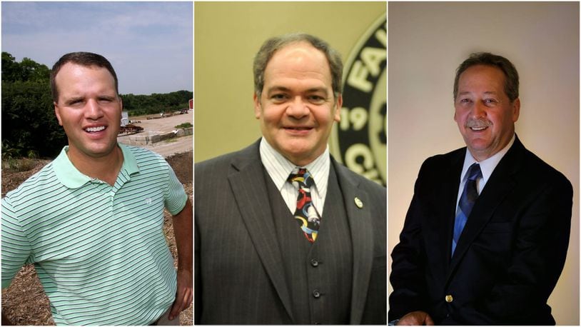 Chad Oberson, Terry Senger and Bill Woeste (from left) are waiting to know if they won or loss one of three at-large Fairfield city council seats. Former mayor Ron D’Epifanio’s position as top vote-getter won’t change.
