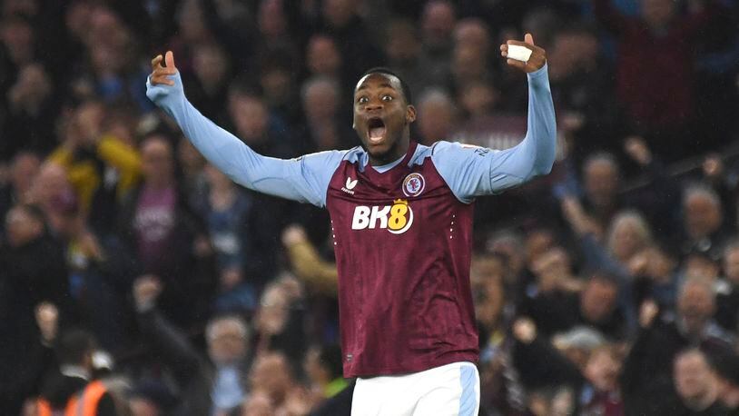 Aston Villa's Jhon Duran celebrates after scoring his side's second goal during the English Premier League soccer match between Aston Villa and Liverpool at the Villa Park stadium in Birmingham, England, Monday, May 13, 2024. (AP Photo/Rui Vieira)