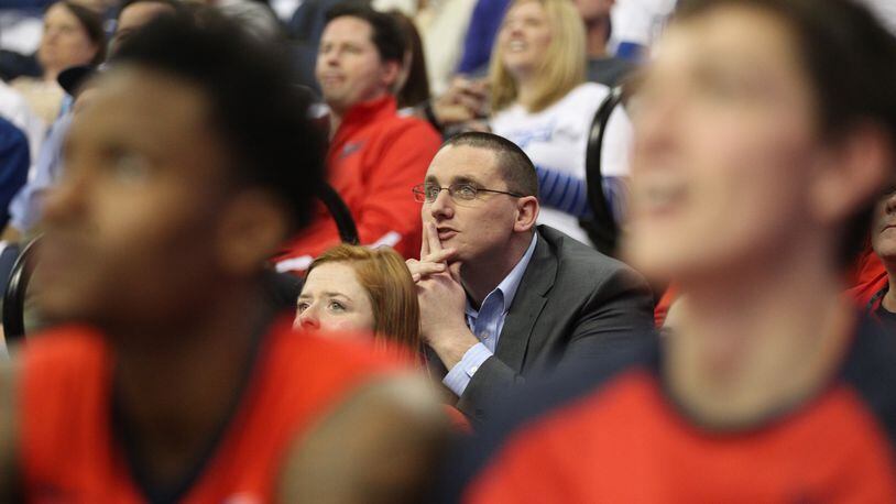 Dayton AD Neil Sullivan watches the Flyers shoot free throws in overtime against Saint Louis on Tuesday, Feb. 23, 2016, at Chaifetz Arena in St. Louis, Mo. David Jablonski/Staff