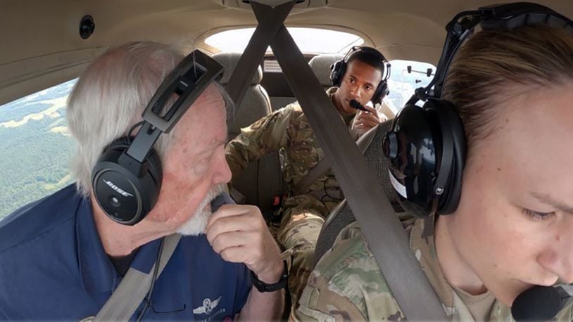 Civil Air Patrol Capt. Thomas O’Connor speaks with 2nd Lt. Sedacy Walden (center rear) as Capt. Kayla Pipe pilots their CAP Cessna. Launched in 2019 as an experimental initiative, the Rated Preparatory Program, or RPP, provides accelerated instruction that identifies future pilots, navigators and other crew members to help address the Air Force’s potential pilot shortage. U.S. AIR FORCE PHOTO