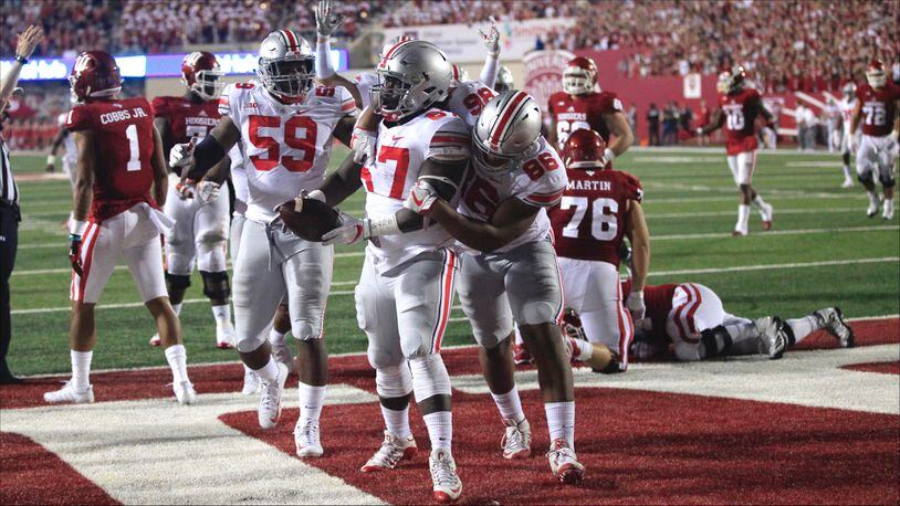 Wayne grad Robert Landers (67) celebrates a touchdown that was overturned by replay in the second half of Ohio State's game at Indiana on Aug. 31, 2017.