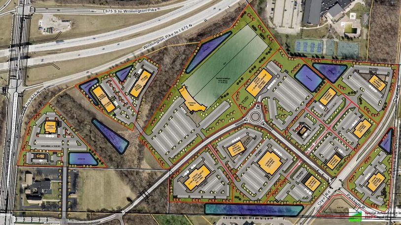 A concept plan for Cornerstone of Centerville South at the southeast corner of Interstate 675 and Wilmington Pike, shows 16 buildings, including a restaurant, two hotels and an entertainment site area with 72 hitting bays consistent with the design of Topgolf facilities. However, the plan adds that information on it “is to illustrate general intent and shall not be construed as final.”