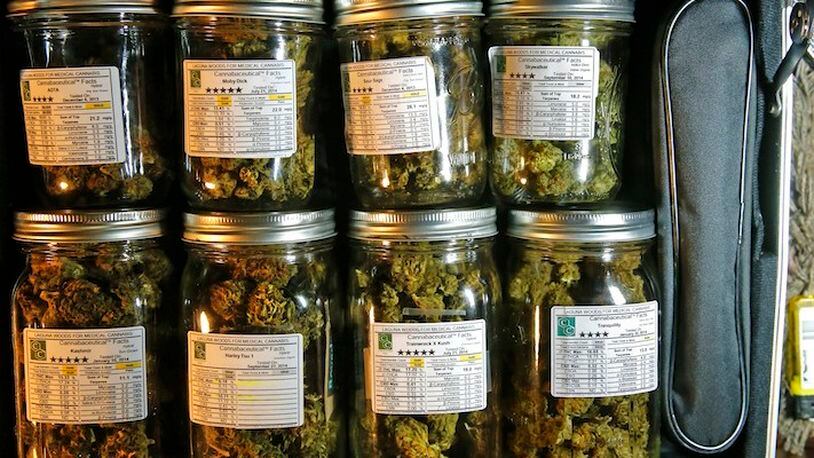 A small suitcase with Mason jars of medical marijuana at the Laguna Woods, Calif., retirement community's medical marijuana collective in an October 2014 file image. A comprehensive new report says the precise health effects of marijuana on those who use it remain something of a mystery -- and the federal government continues to erect major barriers to research that would provide much-needed answers. (Don Bartletti/Los Angeles Times/TNS)