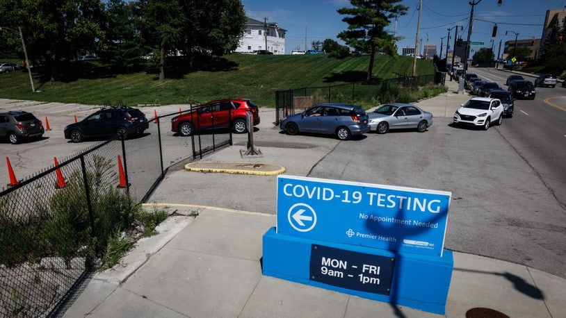 Long lines for COVID-19 testing appeared on Main St. Friday September 3, 2021 at the Premier Health testing area former Montgomery County Fairgrounds. JIM NOELKER/STAFF