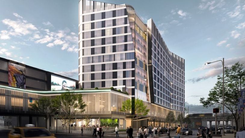 A concept rendering of what a new hotel could look like on South Jefferson Street, south of East Fifth Street, across from the Dayton Convention Center. CONTRIBUTED BY MEYERS + ASSOCIATES ARCHITECTURE