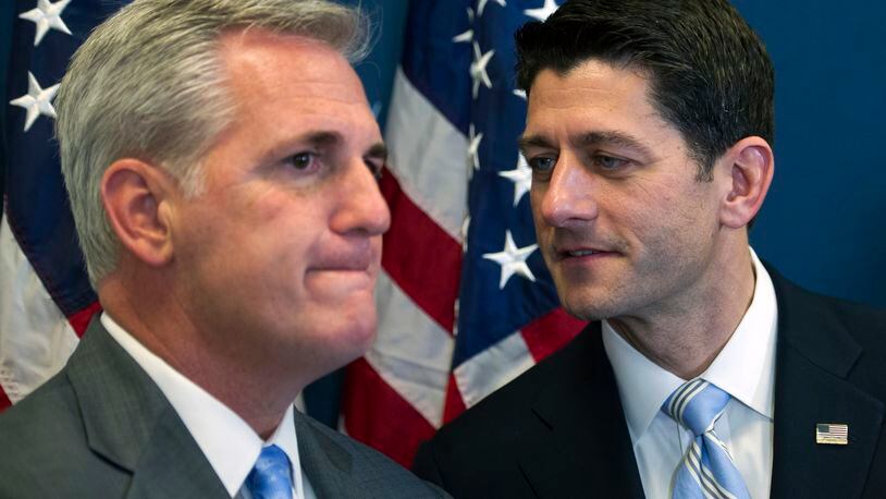House Speaker Paul Ryan of Wis., right, speaks with House Majority Leader Kevin McCarthy of Calif. during a news conference on Capitol Hill in Washington, Tuesday, Nov. 15, 2016, following a House Republican leadership meeting. (AP Photo/Cliff Owen)