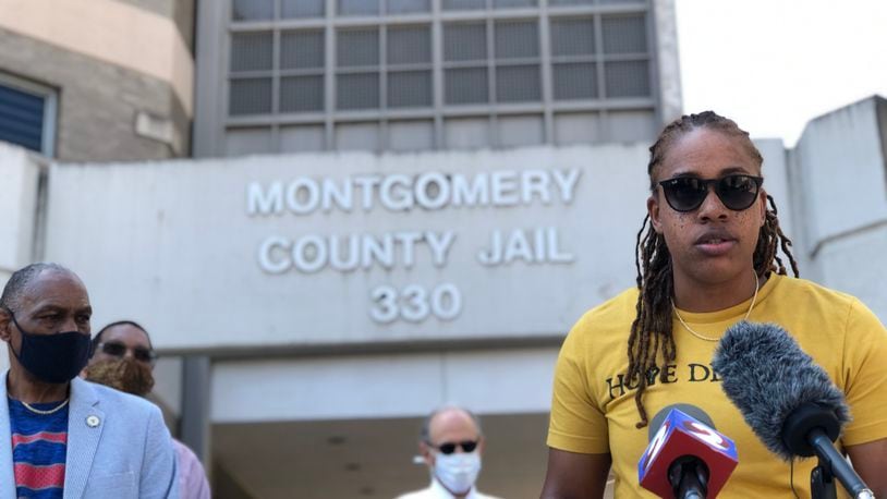Daj'za Demmings speaks at a press conference outside the Montgomery County Jail earlier this month. CORNELIUS FROLIK / STAFF